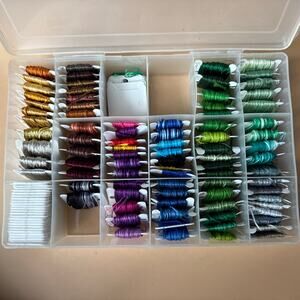 DMC Embroidery Floss Lot Of 85 On Bobbins In Plastic Box Extra Plastic Bobbins